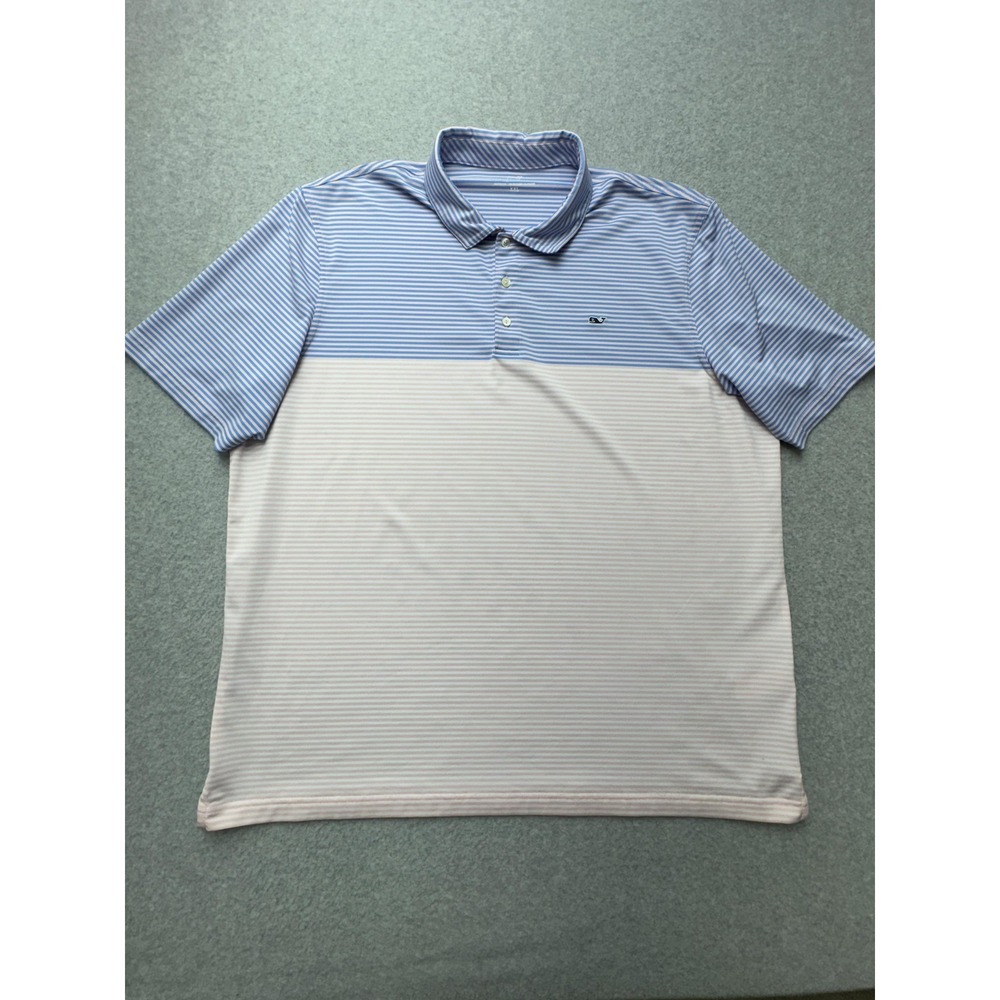 Vineyard Vines Polo Shirt Mens 2XL Blue Pink Stripe Performance Golf Whale‎ Logo